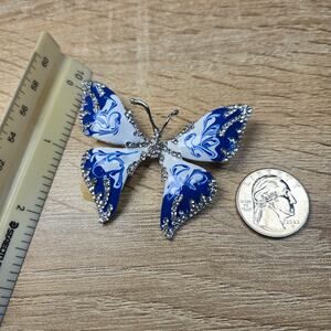 Blue White Butterfly Brooch Rhinestone Enamel Porcelain Style Statement Pin